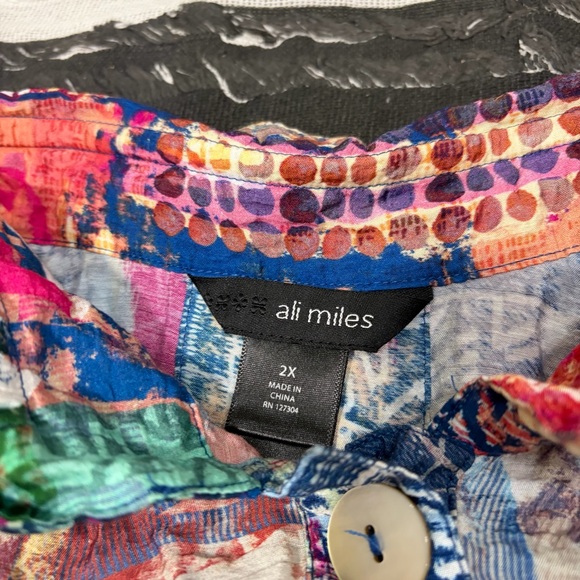 Ali Miles Top Women's 2X Multi Artsy Graphic Tropical Floral Button Front Boho - Picture 7 of 12